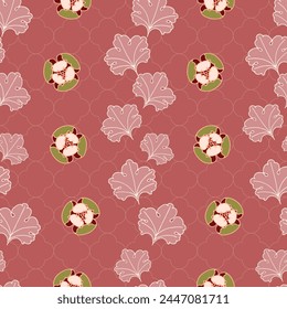 Vector seamless pattern background: Acanthus Buds. Small half opened buds sitting loosely arranged among vertical rows of acanthus leaves. Part of Rosettes On A Trellis collection.