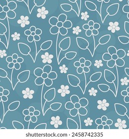 Vector seamless pattern background: Airy Affair. Simple outlined flowers with leaves and some filled blossoms on a sky blue, watercolor-like background. Part of Kitchen Flowers collection.