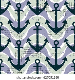 Vector seamless pattern Background with anchor, waves Creative geometric vintage backgrounds, nautical theme Graphic illustration with attrition, cracks and ambrosia