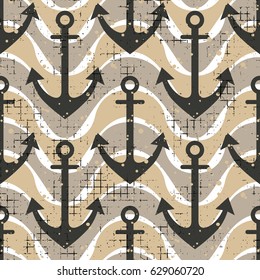 Vector seamless pattern Background with anchor, waves Creative geometric vintage backgrounds, nautical theme Graphic illustration with attrition, cracks and ambrosia