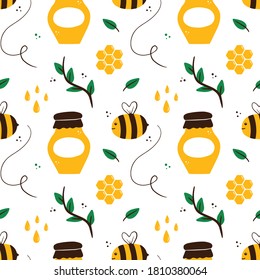 Vector seamless pattern background for apiary, bee farm design with bees, honeycombs, honey in jars and decorative green branches.