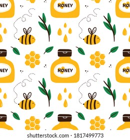 Vector seamless pattern background for apiary, bee farm design with bees, honeycombs, honey in jars and decorative green branches.
