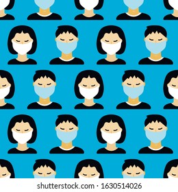 Vector seamless pattern background with asian, chinese people wearing medical face masks. 