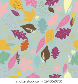 Vector seamless pattern background with Autumn leaves. Blue background.