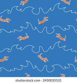Vector seamless pattern background: Bathing Fun. Little orange dogs playing among outlined waves on a blue sea background. Part of We Love The Sea collection.