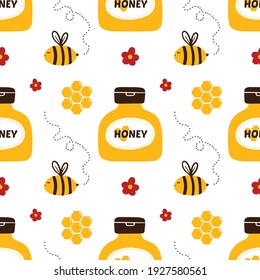 Vector seamless pattern background with bees, honeycombs, honey in jars and flowers for spring, summer design.