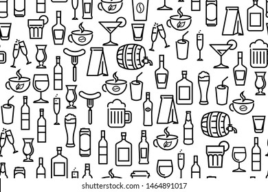 Vector Seamless pattern - Background with beverage and drinks. Line art wallpaper for decoration of cafe or bar.