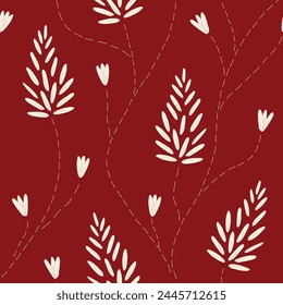 Vector seamless pattern background: Big Seedflowers. Big off-white flower panicles and buds climbing upwards on a dark red background. Part of Les Petites collection.