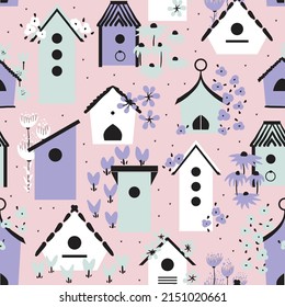 Vector seamless pattern background with birdhouses and bold hand drawn flowers.