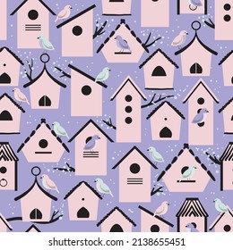 Vector seamless pattern background with birds, birdhouses, blooming tree brunches.