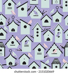 Vector seamless pattern background with birds, birdhouses, blooming tree brunches.