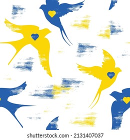 Vector seamless pattern background blue and yellow birds Ukraine flag colors.