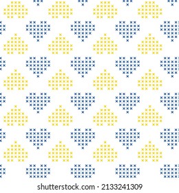 Vector seamless pattern background blue and yellow cross stitch hearts in Ukraine flag colors.