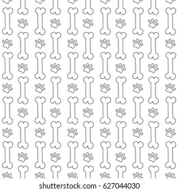 Vector seamless pattern. Background with bones and dog tracks. Black and white print with traces of animals. Veterinary backdrop. Can be used for wrapping paper for shop zoo, web or design of banners.