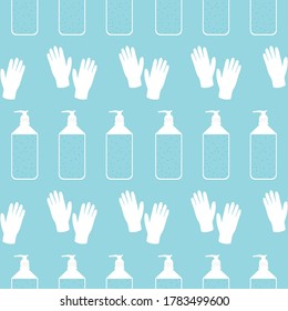 Vector seamless pattern background with bottles of hand sanitizer gel and rubber gloves.
