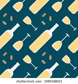 Vector seamless pattern background with bottles and glasses of white wine.