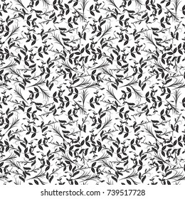 Vector seamless pattern background branches with black leaves on white background.
