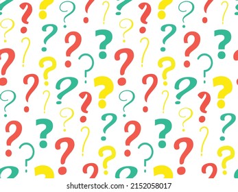 Vector Seamless Pattern Background With Bright Sign Question Marks On White Backdrop. Feedback, Brainstorm, Opinion, Reaction, Questionnaire, Learning Concept. Business Office Wallpaper.