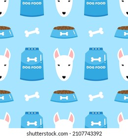 Vector seamless pattern background with bull terrier heads, bowls and packages with dry dog food and bones for pet design.
