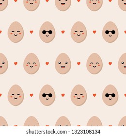 Vector seamless pattern background with cartoon style egg characters and red hearts.