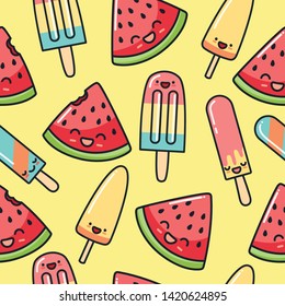 Vector, seamless pattern, background, cartoon kawaii food. Fruit Ice cream on wooden stick with pieces of watermelon on yellow background. Seamless print for fabric, wallpaper, wrapping, summer print.