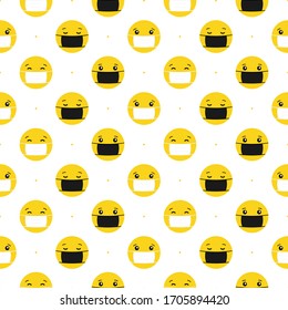 Vector seamless pattern background with cartoon style yellow smiling balls in medical face masks and dots.