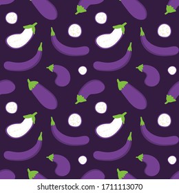 Vector seamless pattern background with cartoon style eggplants, aubergines.