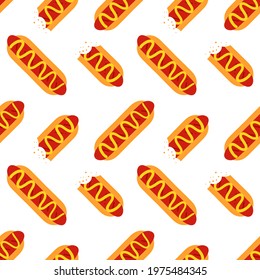Vector seamless pattern background with cartoon style hot dogs, whole and half-eaten with mustard sauce for fast food design.
