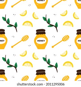 Vector seamless pattern background with cartoon style honey jars and dippers, green branches and lemon slices.
