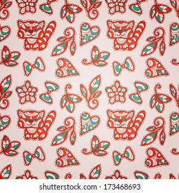 Vector seamless pattern background with cats and flowers. 