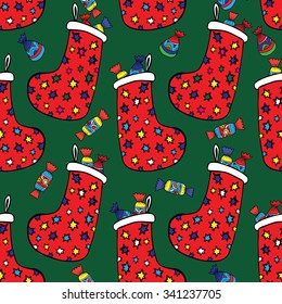 Vector, seamless pattern, background. Christmas stocking with sweets