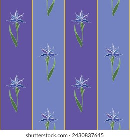 Vector seamless pattern background: Classic Iris Stripes. Elegant blue irises on darker and lighter purple stripes in a classial arrangement with a modern twist. Part of One Small Iris collection.