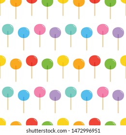Vector seamless pattern background with coloful and cute lollipops, candies, sweets.
