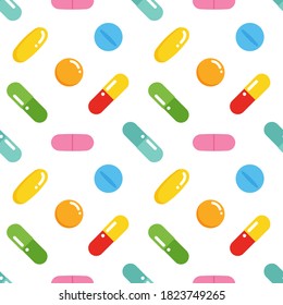 Vector seamless pattern background with colorful pills, vitamins, medications, food suppliments for pharmacy design.