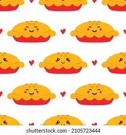 Vector seamless pattern background with colorful pies, sweet apple pies characters and hearts for food design.
