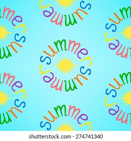Vector seamless pattern background with colorful circle word Summer and yellow sun