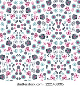 Vector seamless pattern background of  colourful flowers with ornamental symmetrical elements. Perfect for fashion, decoration and wallpaper projects. 
