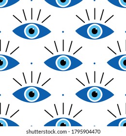 Vector seamless pattern background with conceptual blue evil eyes symbols and dots.