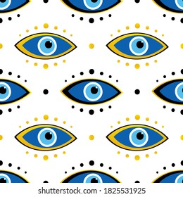 Vector seamless pattern background with conceptual blue evil eyes symbols, talismans, amulets and dots.