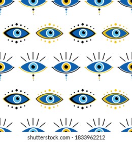 Vector seamless pattern background with conceptual decorative blue evil eyes symbols, nazar talismans, amulets.
