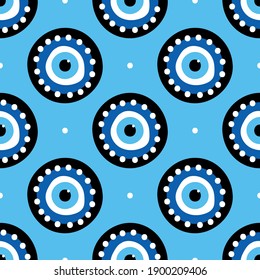 El fondo del patrón vectorial sin fisuras con símbolos de ojos malvados azules decorados conceptualmente, talismanes, amuletos y puntos.