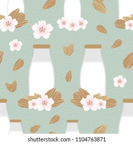 Vector seamless pattern background with cute cartoon style bottles of almond milk, almond seeds and flowers.