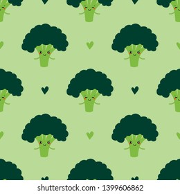 Vector seamless pattern background with cute broccoli characters and hearts.
