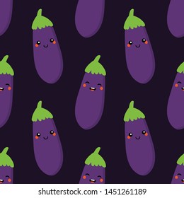 Vector seamless pattern background with cute cartoon eggplant, aubergine character.