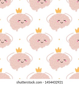 Vector seamless pattern background with cute cartoon style brain character in a crown, symbol of mind of a winner and high self-esteem.