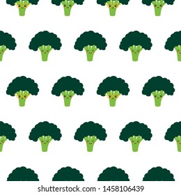 Vector seamless pattern background with cute and smiling broccoli characters.