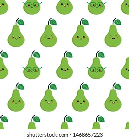 Vector seamless pattern background with cute smiling green pear characters.