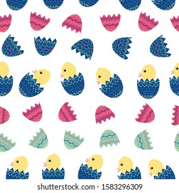 Vector seamless pattern background with cute chickens and colourful painted eggs. Perfect for Easter greetings cards, textile  and decorations. 