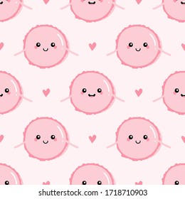 Vector seamless pattern background with cute cartoon pink macaron characters and hearts.
