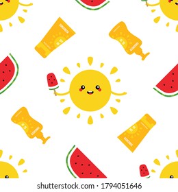 Vector seamless pattern background with cute smiling sun character holding watermelon popsicle, slice of watermelon and bottles of sunscreen cream.